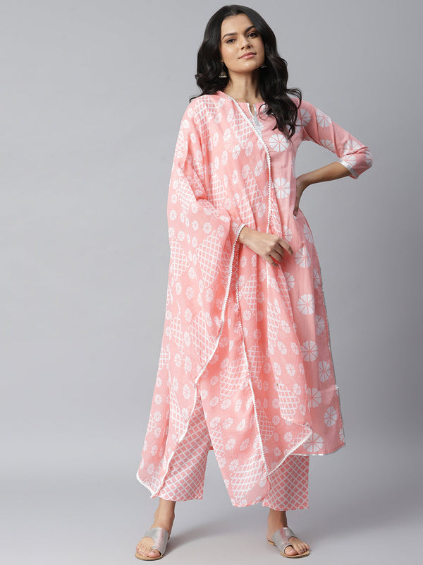 Stylum Women's Printed Cotton Straight Kurta Pant Dupatta Set (PinkChecksKpdSet)