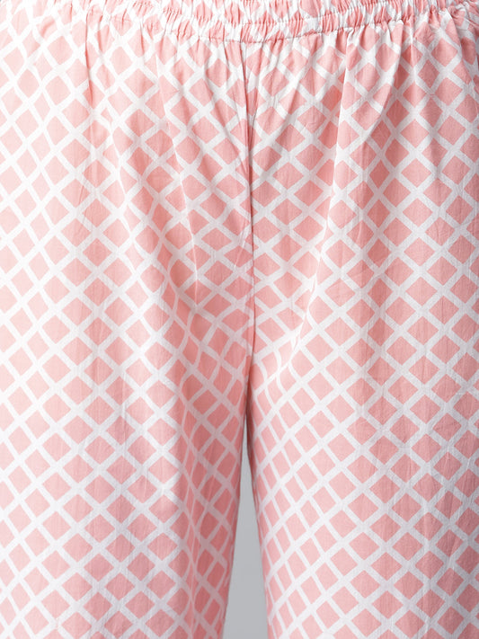 Stylum Women's Printed Cotton Straight Kurta Pant Dupatta Set (PinkChecksKpdSet)