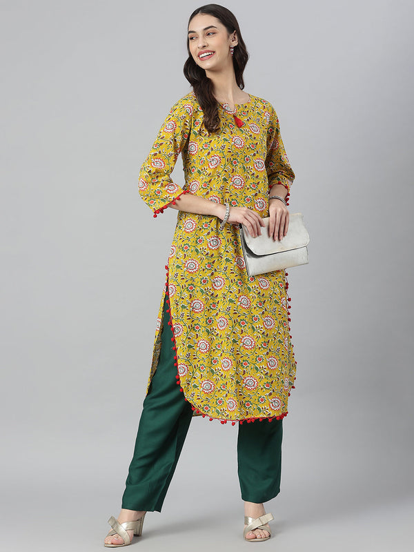 Stylum Women's Kalamkari Printed Cotton Straight Kurta (REDTASSEL)