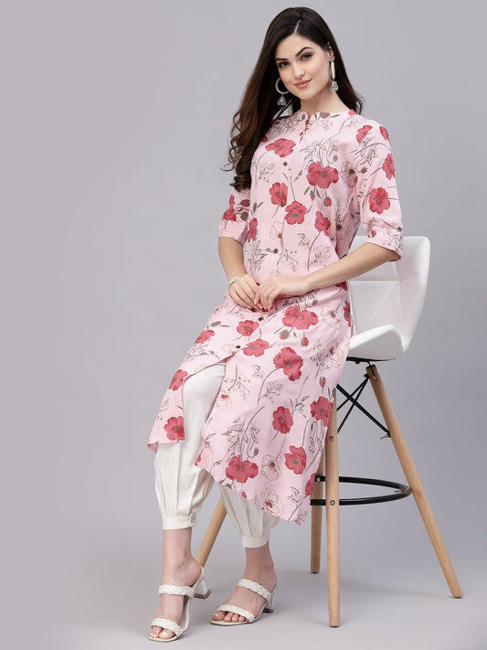 Stylum Women's Floral Printed Rayon A-Line Kurta (ROSAPINK)