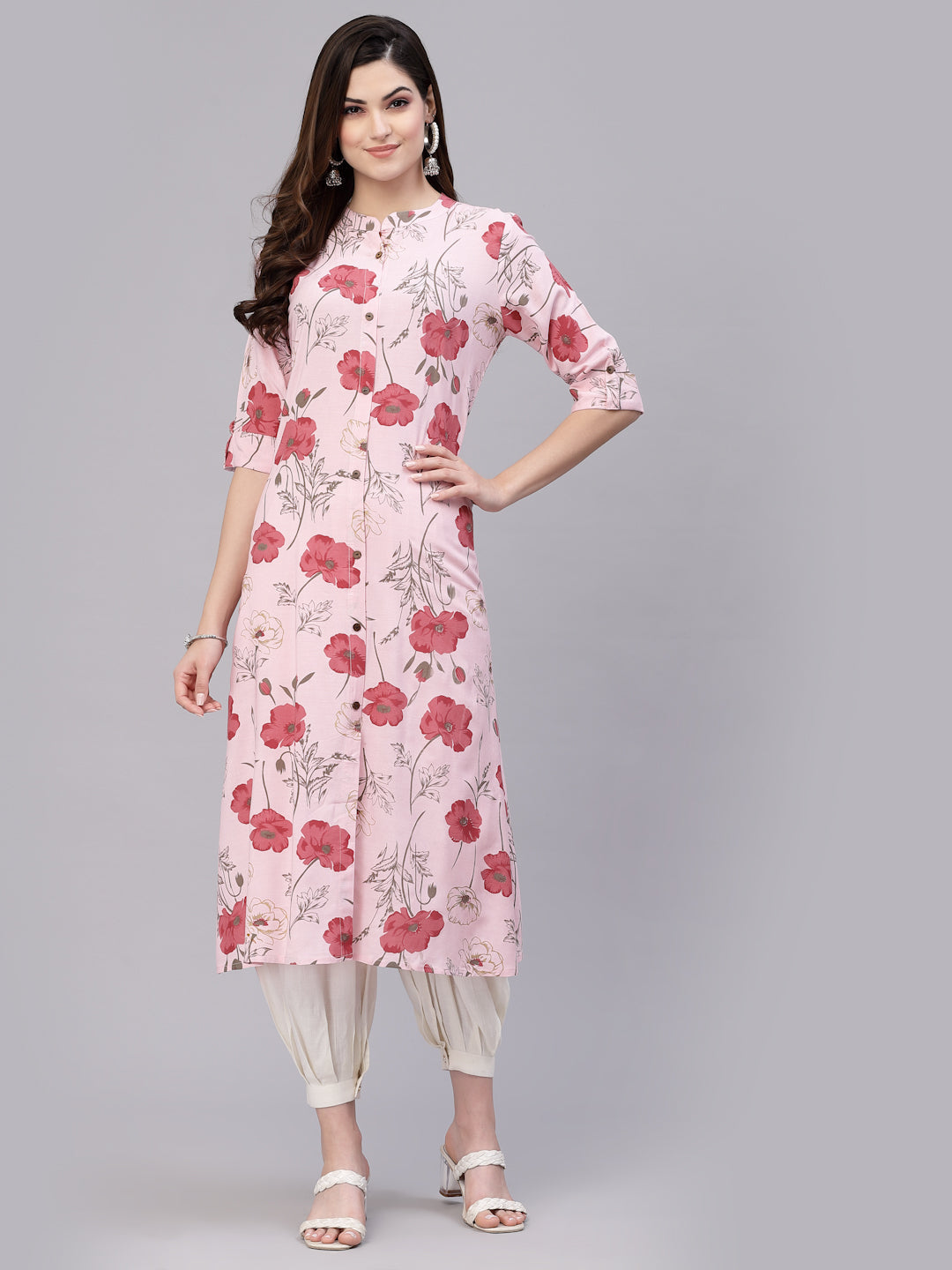 Stylum Women's Floral Printed Rayon A-Line Kurta (ROSAPINK)