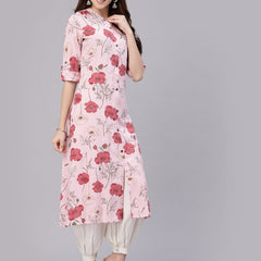 Pink Floral Printed Rayon A-Line Kurta
