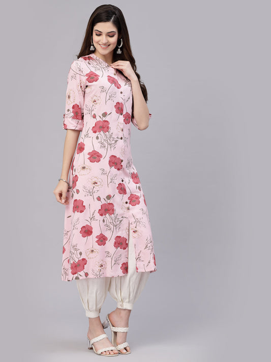 Pink Floral Printed Rayon A-Line Kurta