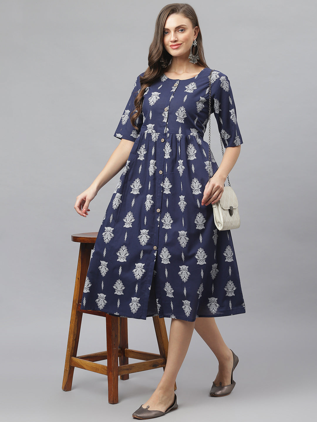 Stylum Women's Blue Floral Print Cambric Ethnic Dress (RUBYNAVY)