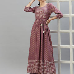 Stylum Women's Gold & Khari Printed Rayon Flared Long Ethnic Dress (SONYMAUVE)