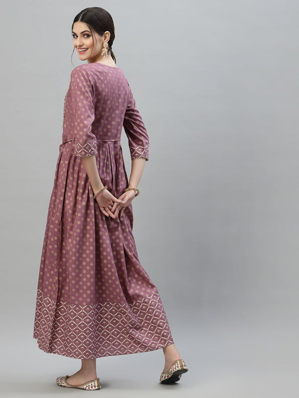 Stylum Women's Gold & Khari Printed Rayon Flared Long Ethnic Dress (SONYMAUVE)