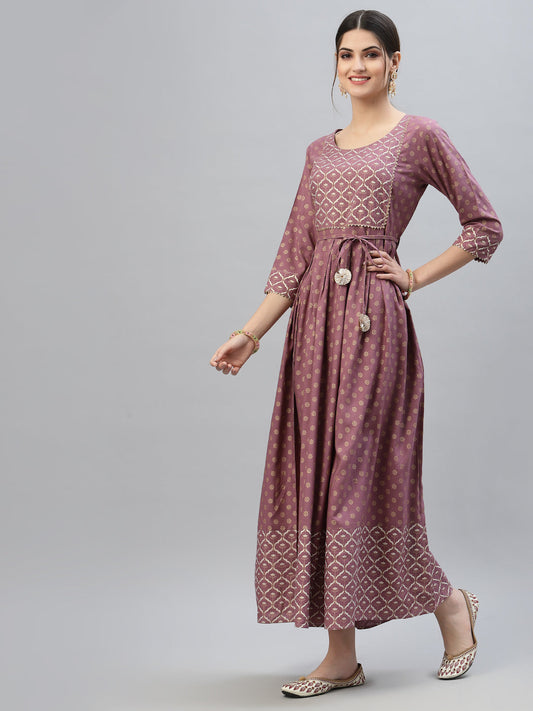 Stylum Women's Gold & Khari Printed Rayon Flared Long Ethnic Dress (SONYMAUVE)