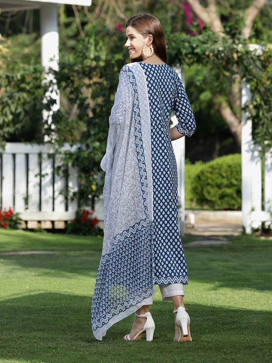 Stylum Women's Printed Cotton Flared Kurta with Dupatta (Summerbluekdset)