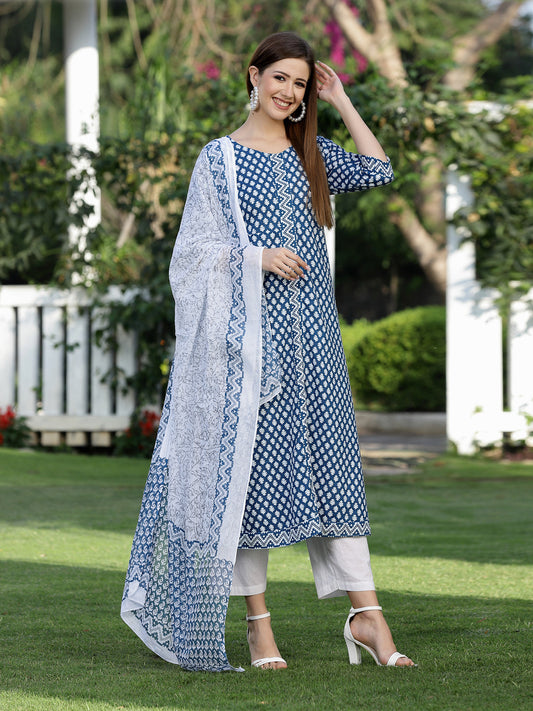 Stylum Women's Printed Cotton Flared Kurta with Dupatta (Summerbluekdset)