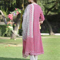 Stylum Women's Printed Cotton Flared Kurta with Dupatta (Summerpinkkdset)