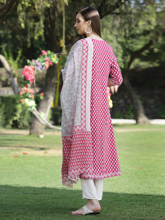 Stylum Women's Printed Cotton Flared Kurta with Dupatta (Summerpinkkdset)