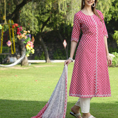 Cotton Flared Kurta with Dupatta