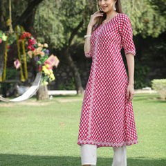 Stylum Women's Printed Cotton Flared Kurta with Dupatta (Summerpinkkdset)