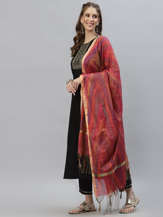 Stylum Women's Embroidered Rayon Flared Kurta with Printed Dupatta (TIGGYBLACK)