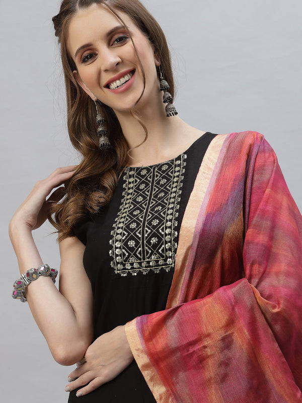 Stylum Women's Embroidered Rayon Flared Kurta with Printed Dupatta (TIGGYBLACK)