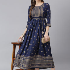 Stylum Women's Gold Printed Rayon Flared Kurta (TONYNAVY)