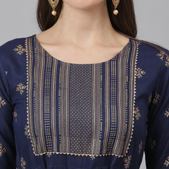 Stylum Women's Gold Printed Rayon Flared Kurta (TONYNAVY)