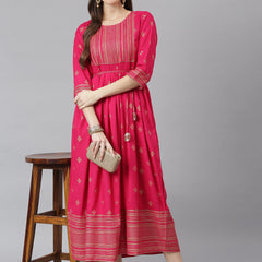 Pink Rayon Flared Kurta