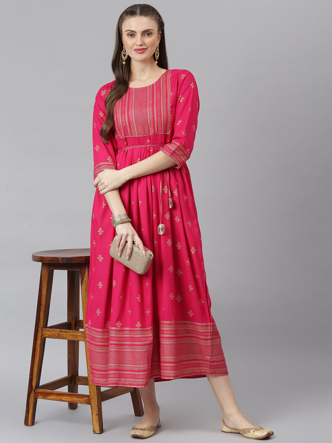 Pink Rayon Flared Kurta 