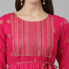 Stylum Women's Gold Printed Rayon Flared Kurta (TONYPINK)