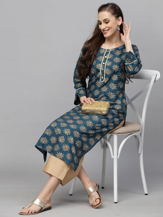 Stylum Women's Gold Printed Rayon Straight Kurta (TORUTEAL)