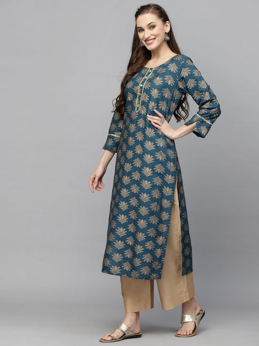 Stylum Women's Gold Printed Rayon Straight Kurta (TORUTEAL)