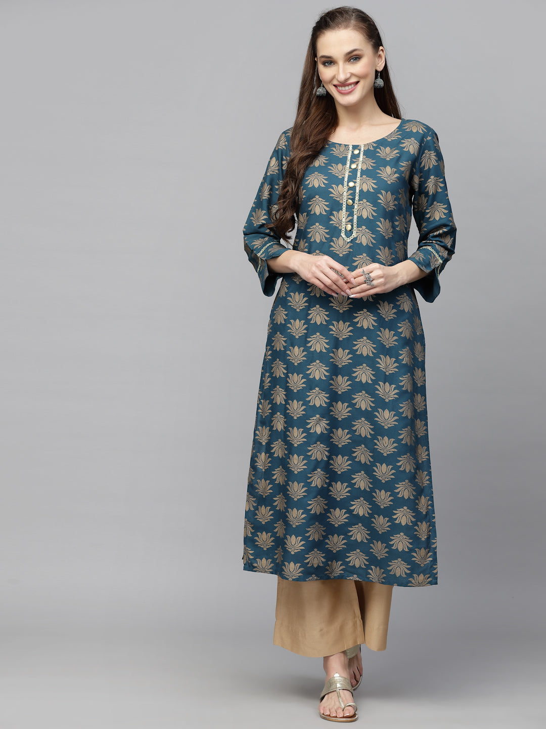 Stylum Women's Gold Printed Rayon Straight Kurta (TORUTEAL)