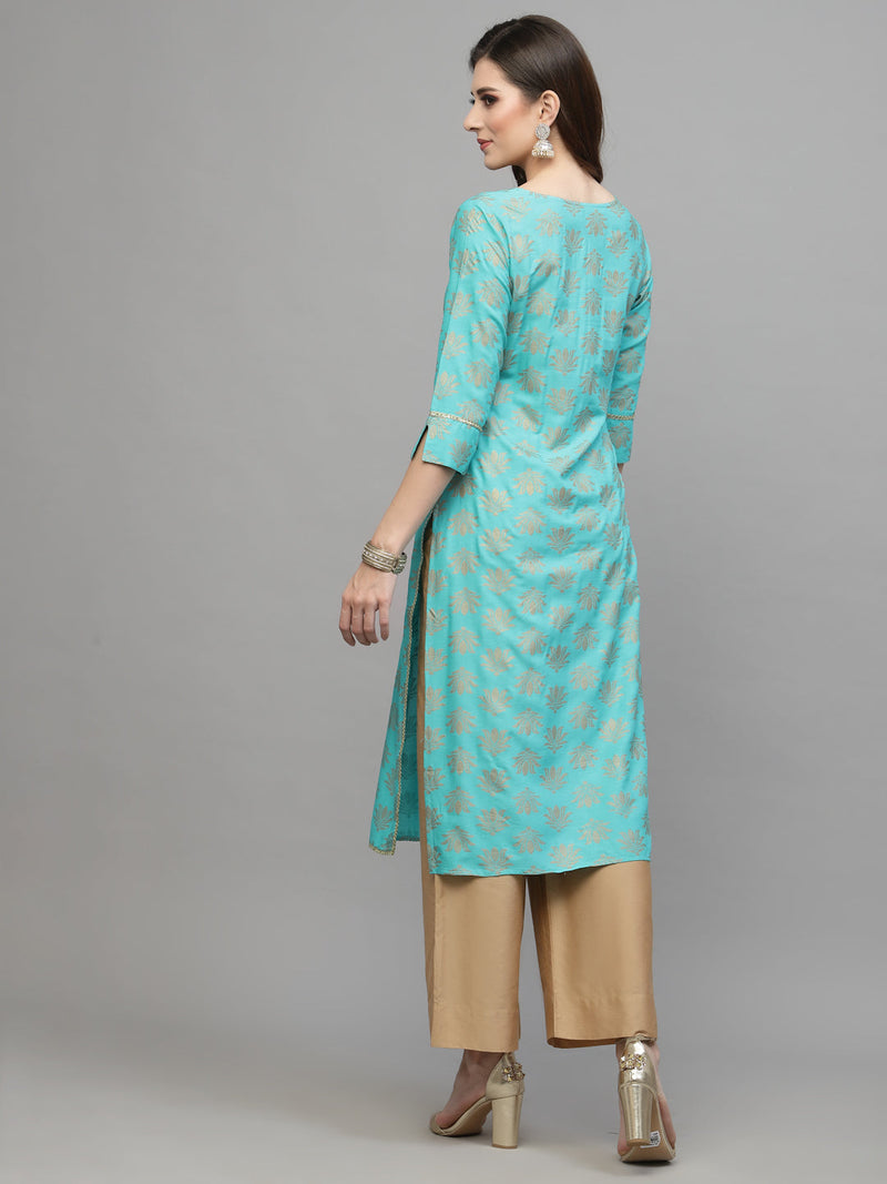 Stylum Women's Gold Printed Rayon Straight Kurta (TORUTURQ)