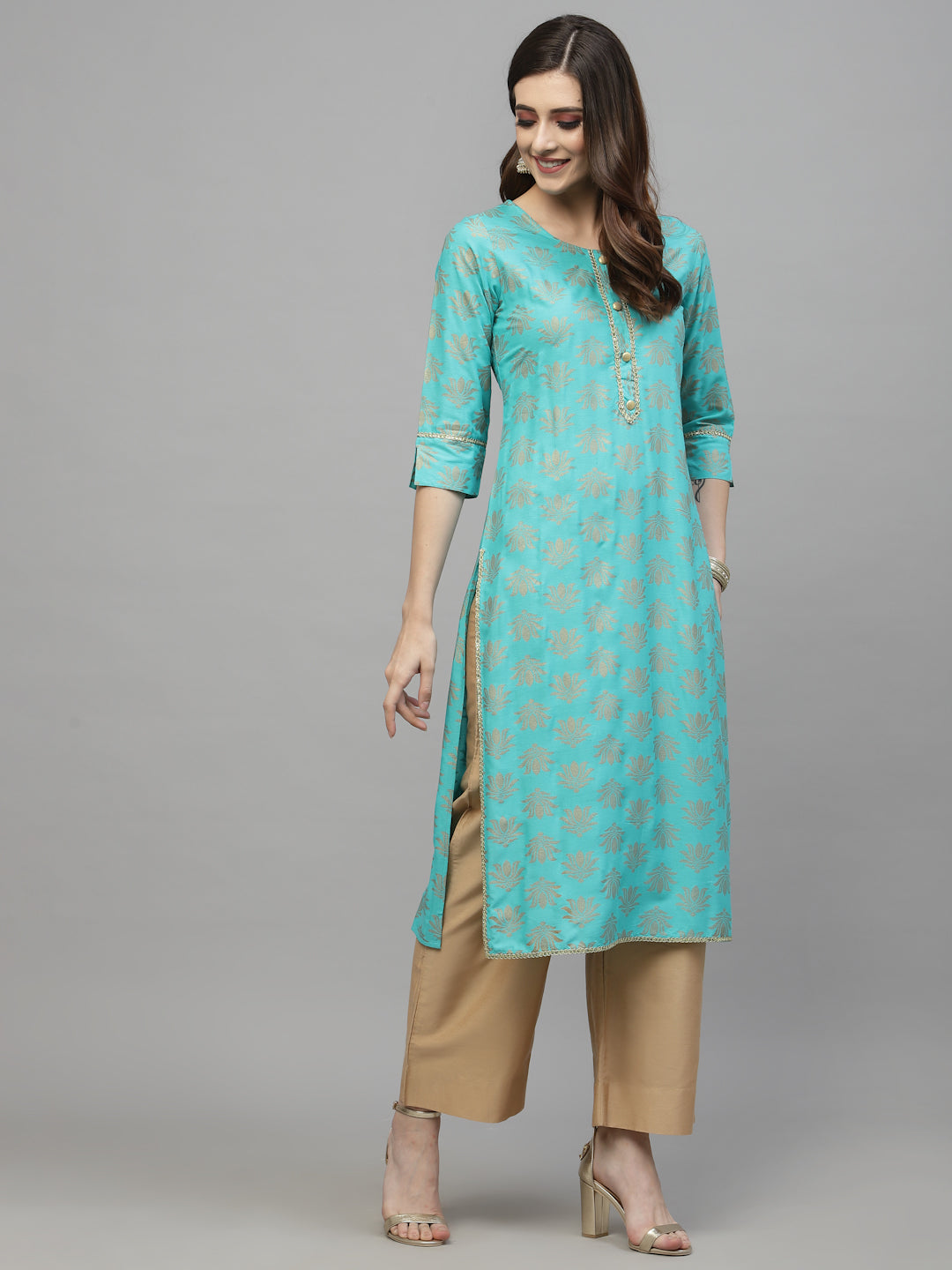 Stylum Women's Gold Printed Rayon Straight Kurta (TORUTURQ)