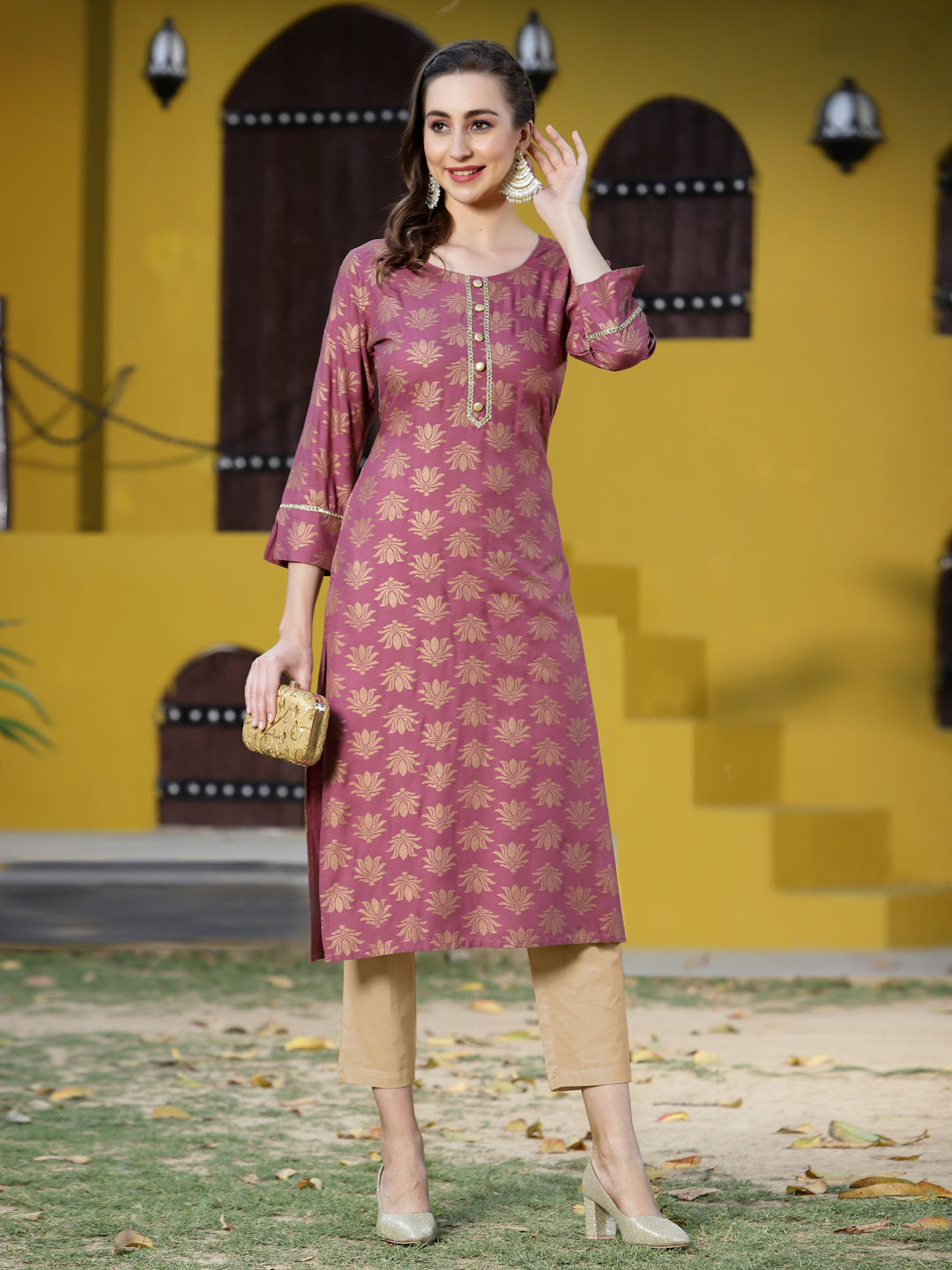 Gold Printed Rayon Straight Kurta