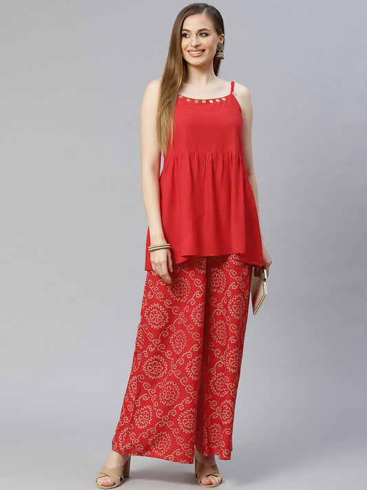 Stylum Women's Red Solid Rayon Top and Palazzo Set (TPRAYBANRED)