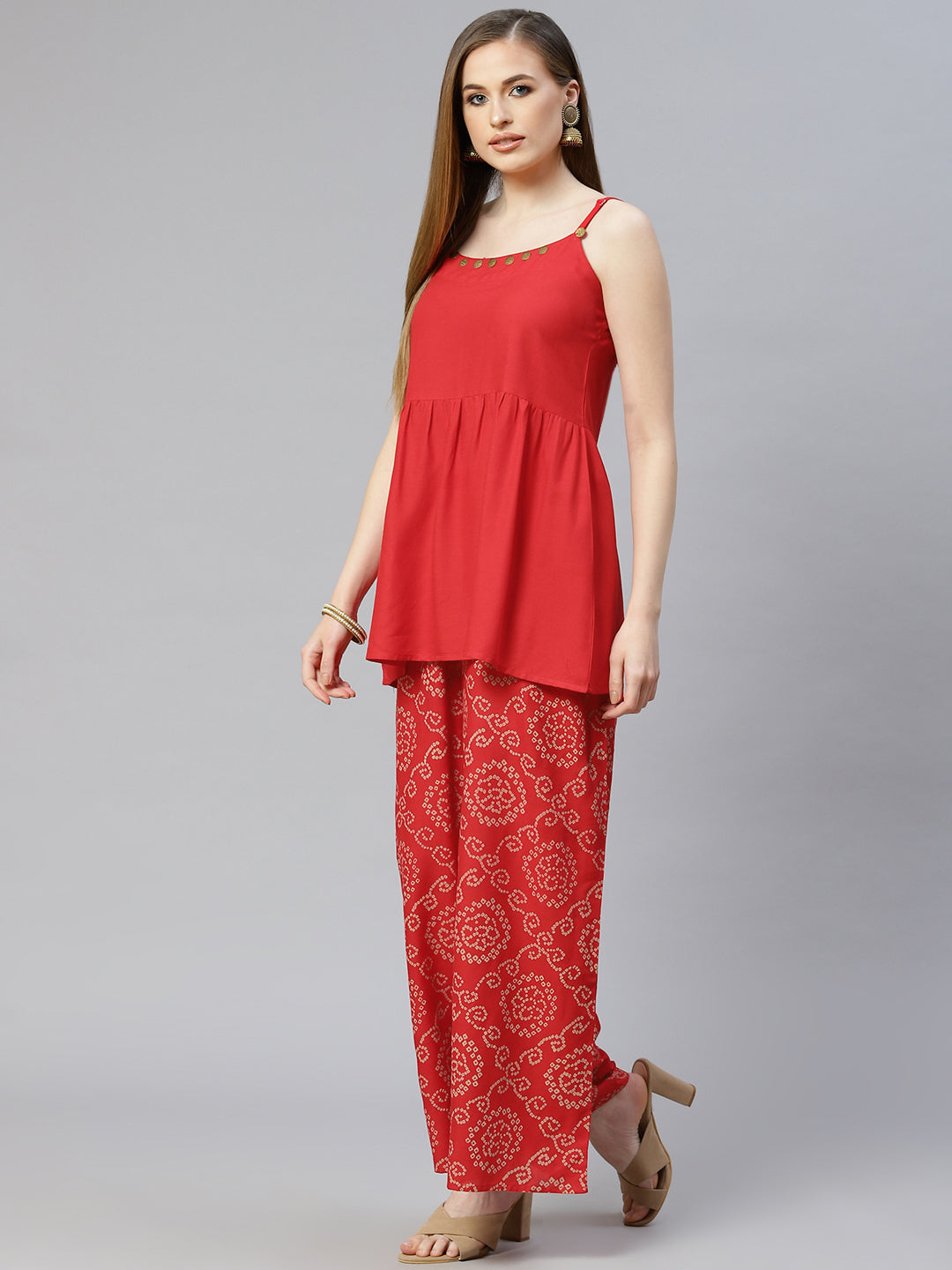 Red Solid Rayon Top and Palazzo Set 