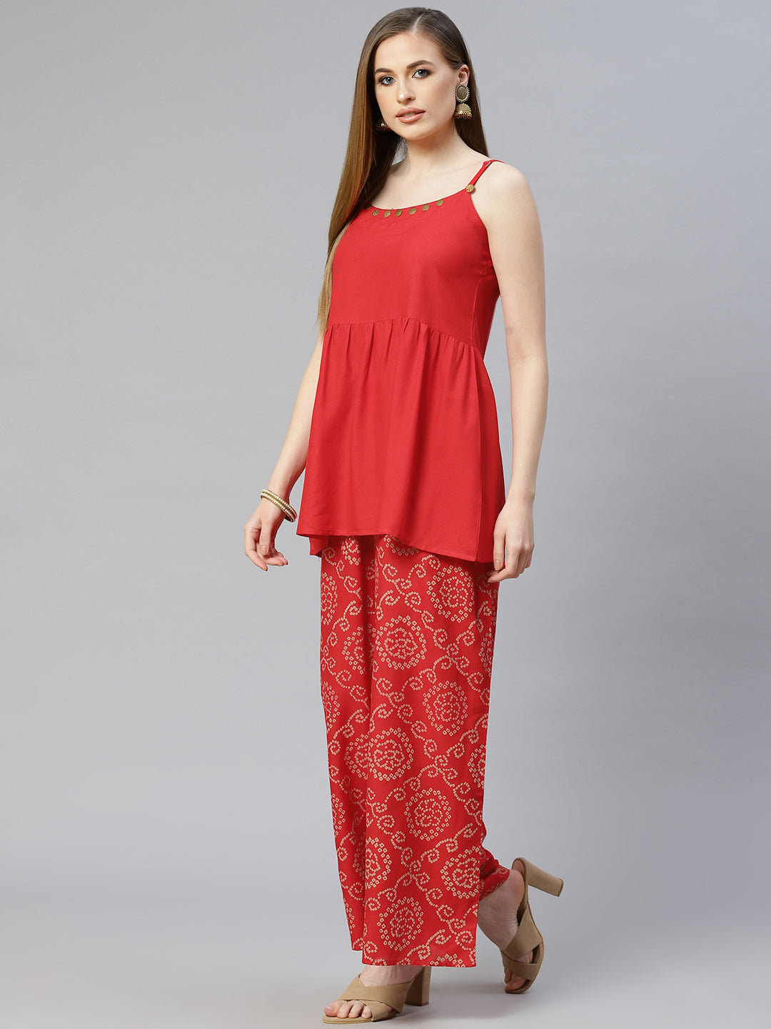 Red Solid Rayon Top and Palazzo Set