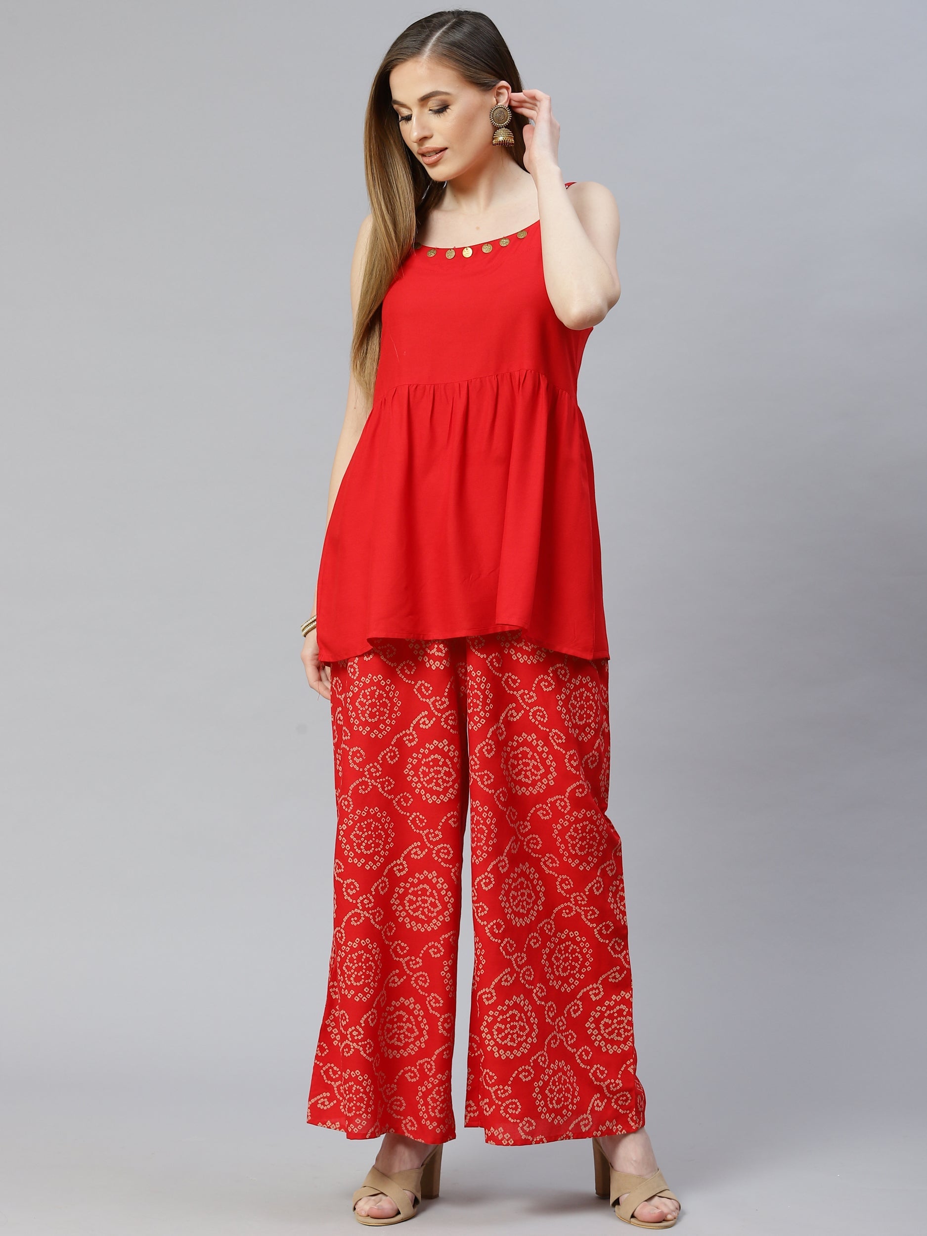 Red Solid Rayon Top and Palazzo Set 