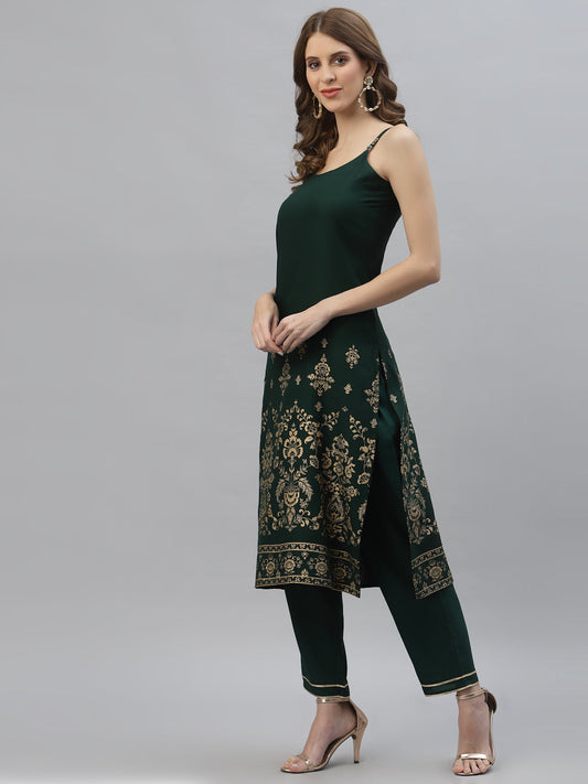 Stylum Women's Gold Printed Rayon Straight Kurta Pant Set (TULIPGREEN)