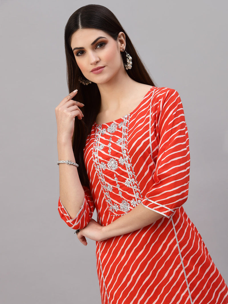 Orange Lehariya Printed Cotton Straight Kurta
