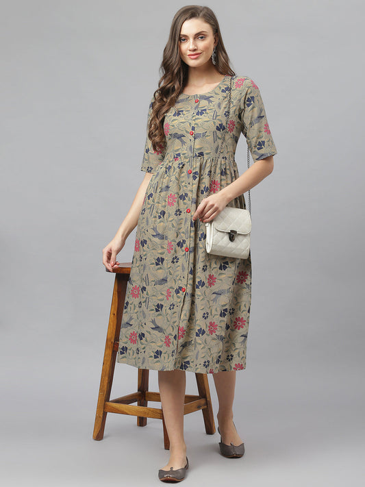 Stylum Women's Floral Printed Rayon Midi Flared Dress (TURINBEIGE)