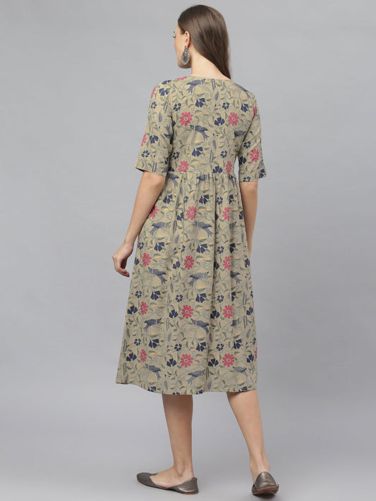 Stylum Women's Floral Printed Rayon Midi Flared Dress (TURINBEIGE)