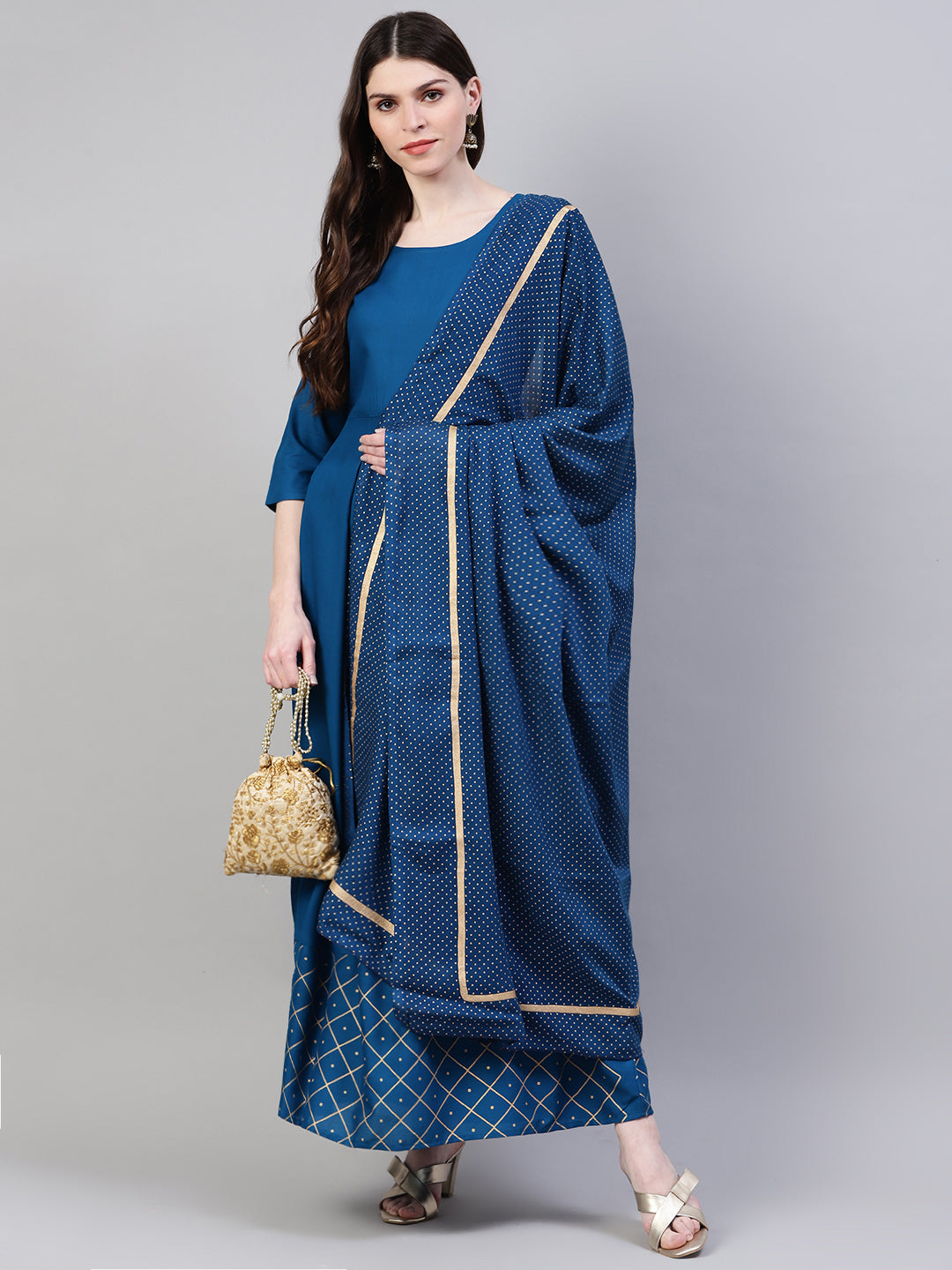 Teal Rayon Flared Kurta Dupatta Set