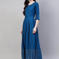 Gold Print Rayon Flared Kurta Dupatta Set