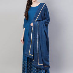 Teal Rayon Flared Kurta Dupatta Set