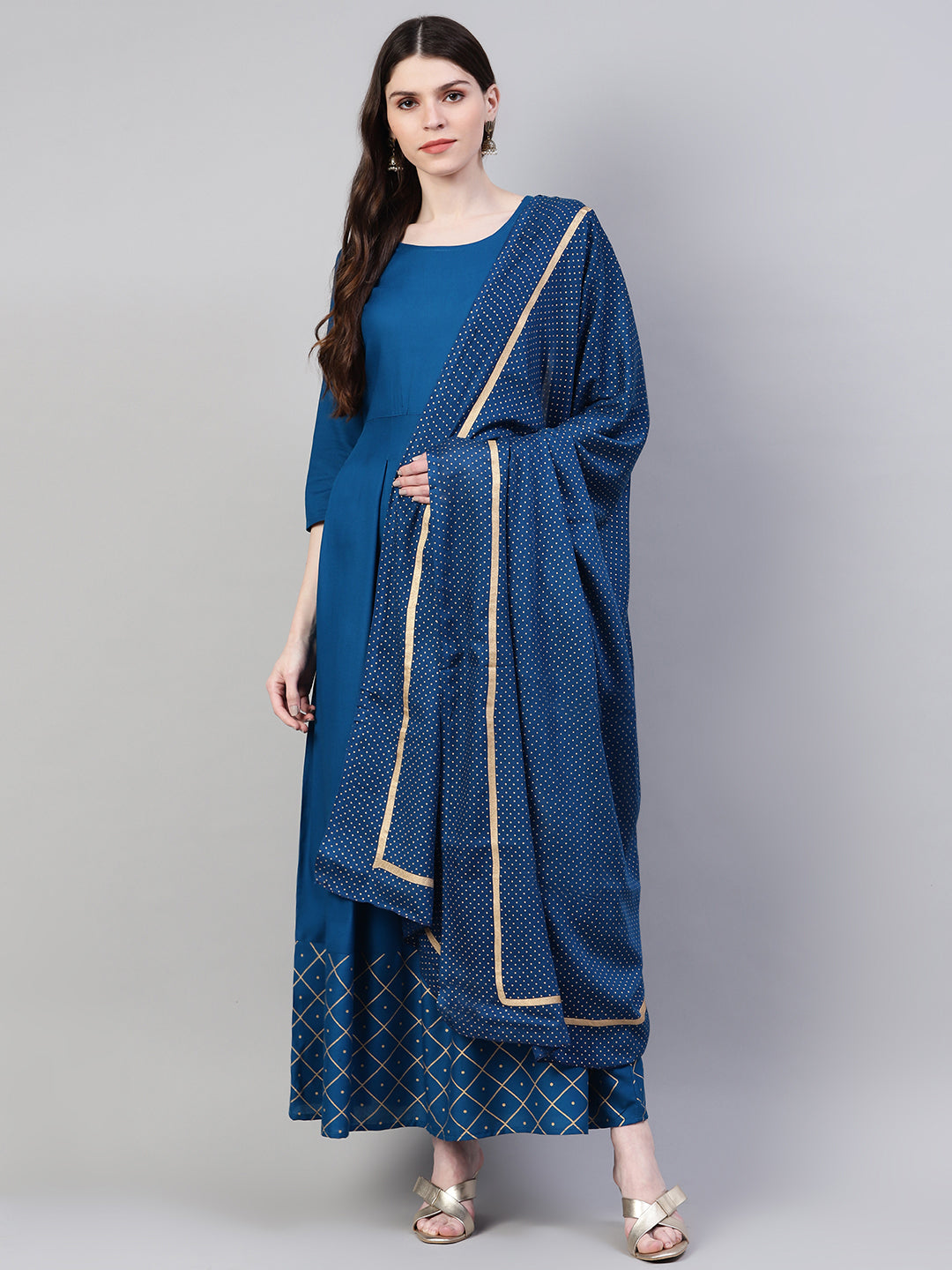 Teal Rayon Flared Kurta Dupatta Set