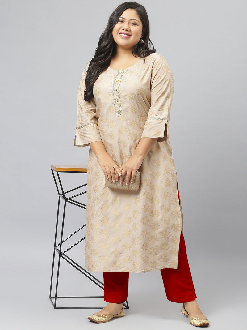Stylum Women's Gold Printed Rayon Straight Kurta (ToruBeigekurta)