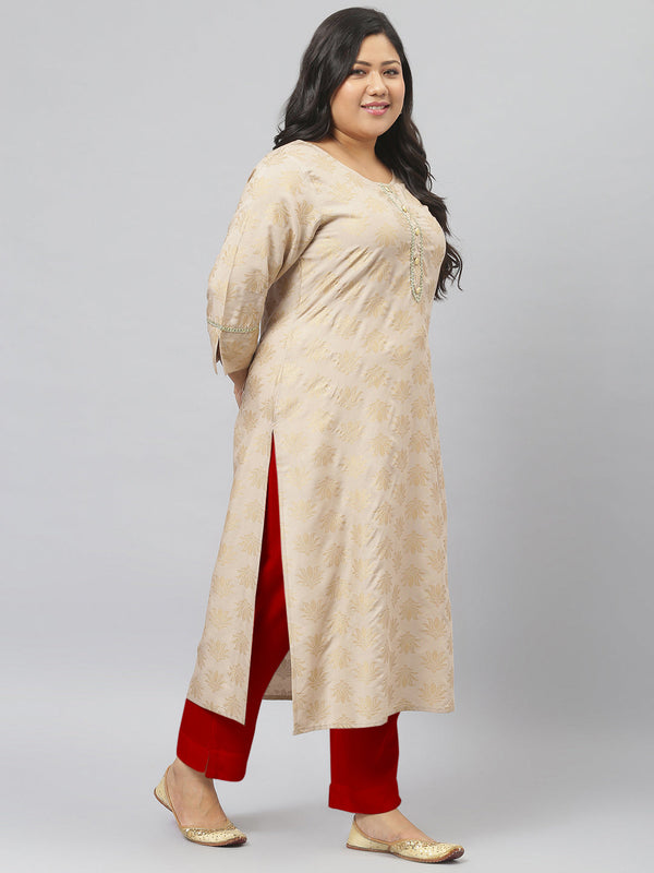 Stylum Women's Gold Printed Rayon Straight Kurta (ToruBeigekurta)