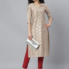 Stylum Women's Gold Printed Rayon Straight Kurta (Torubeige)