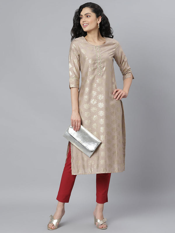 Stylum Women's Gold Printed Rayon Straight Kurta (Torubeige)