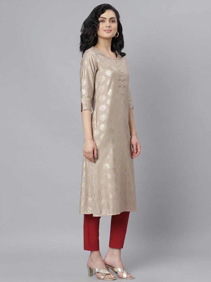 Stylum Women's Gold Printed Rayon Straight Kurta (Torubeige)