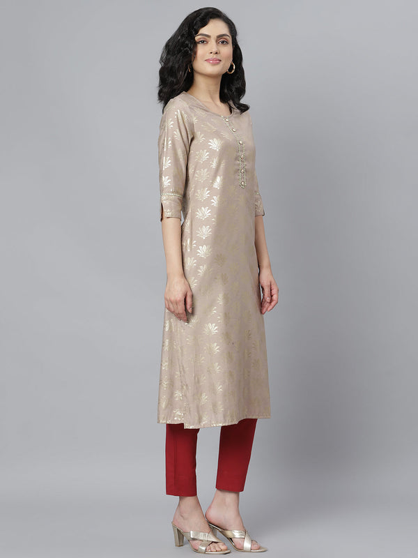 Stylum Women's Gold Printed Rayon Straight Kurta (Torubeige)
