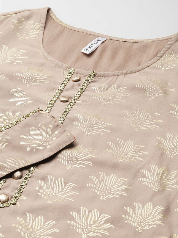 Stylum Women's Gold Printed Rayon Straight Kurta (Torubeige)