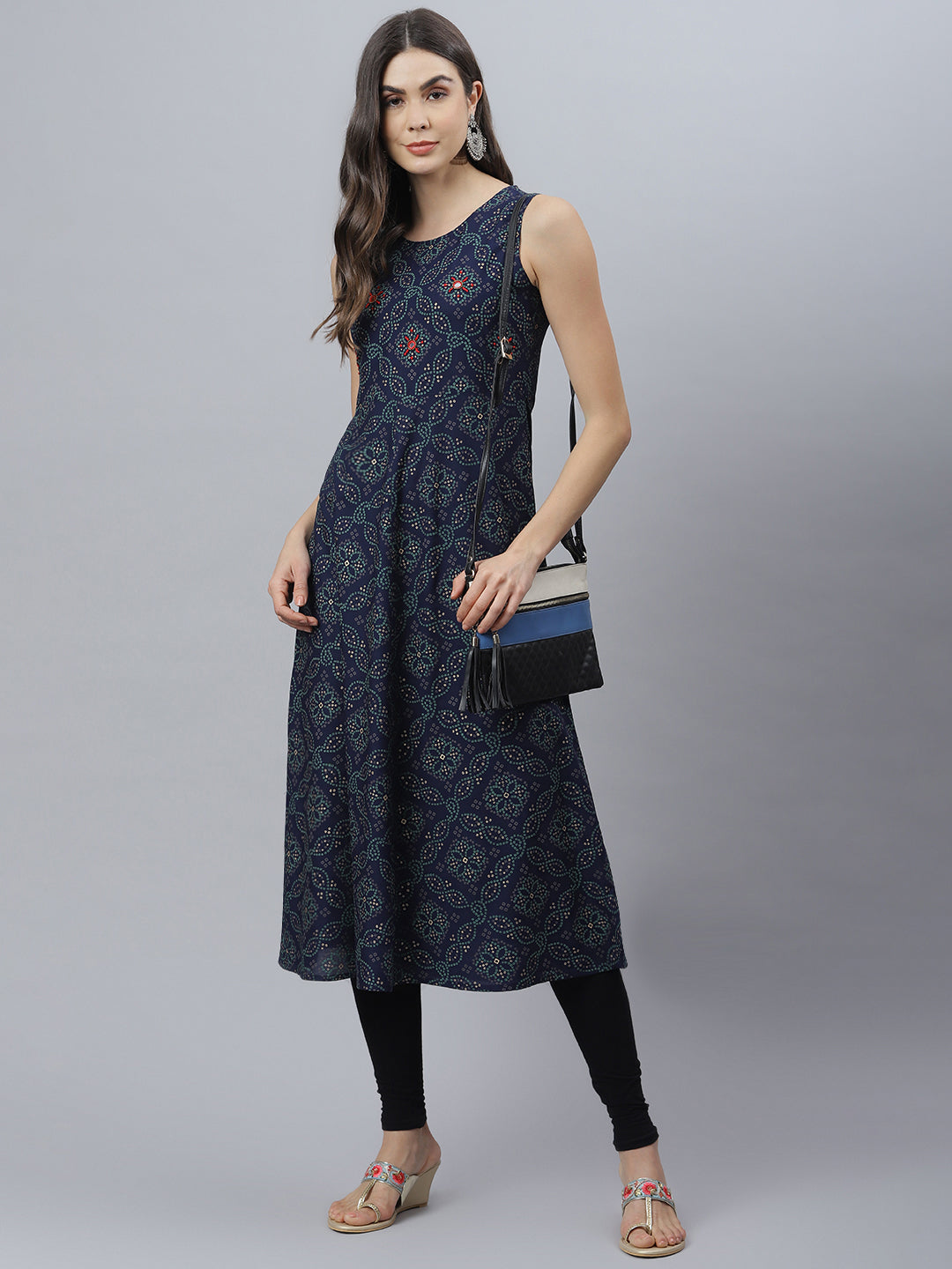Stylum Women's Bandhani Print Rayon Flared Kurta (Vivoblue)